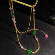 Natural Jade+Pink Tourmaline+Fresh-water Pearl Necklace, 18K